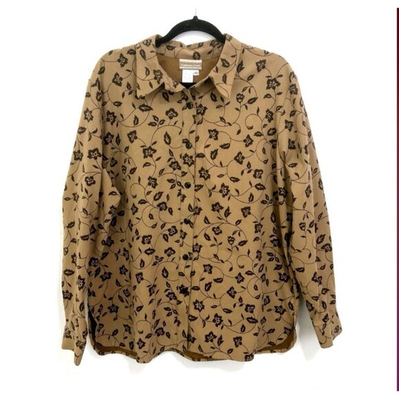 Coldwater Creek Tops - Vintage Coldwater Creek Corduroy Tan Brown Floral Button-Down Shirt  XL Fall